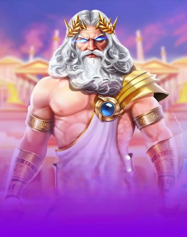 Zeus character with lightning in a fantasy Greek background