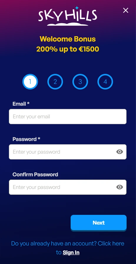 Signup form with four steps and input fields on dark blue background