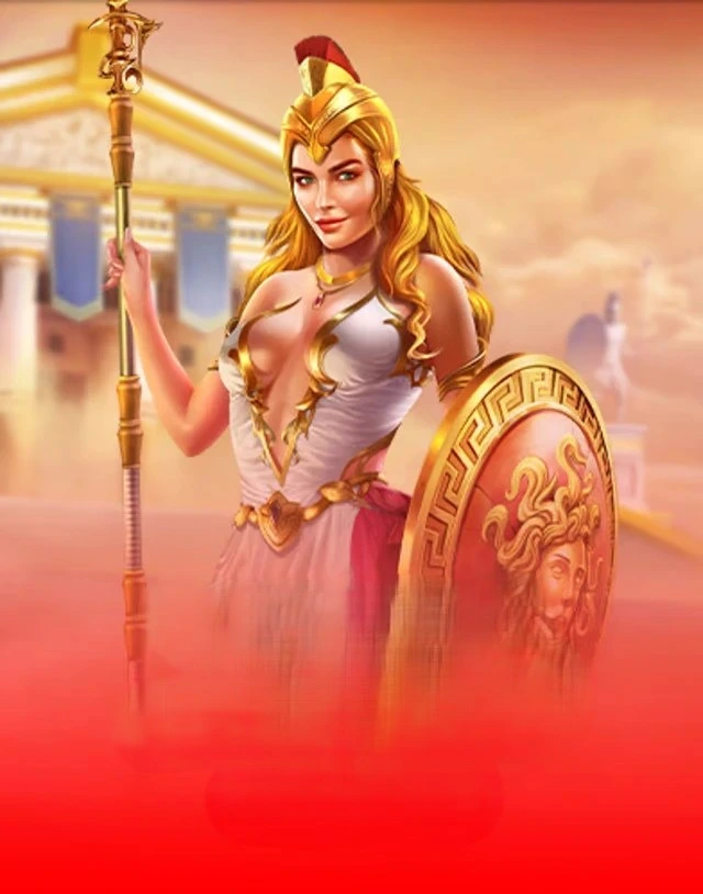 Blonde warrior woman with spear in ancient temple