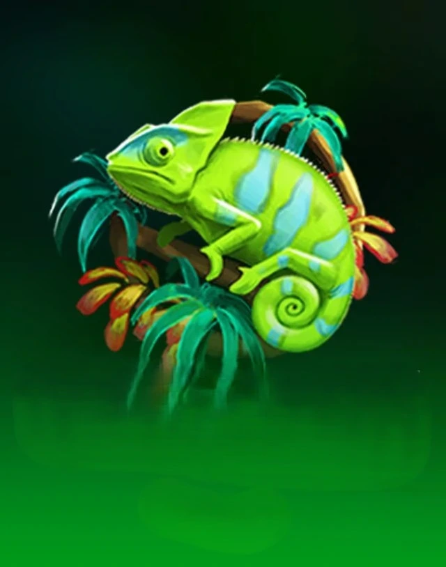 Green cartoon chameleon on jungle leaves