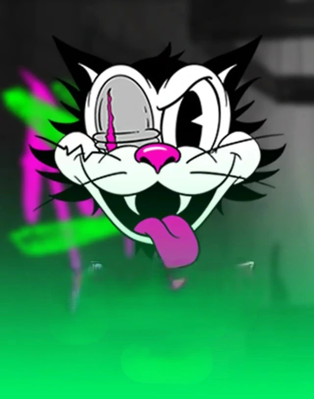 Cartoon black and white cat with pink nose